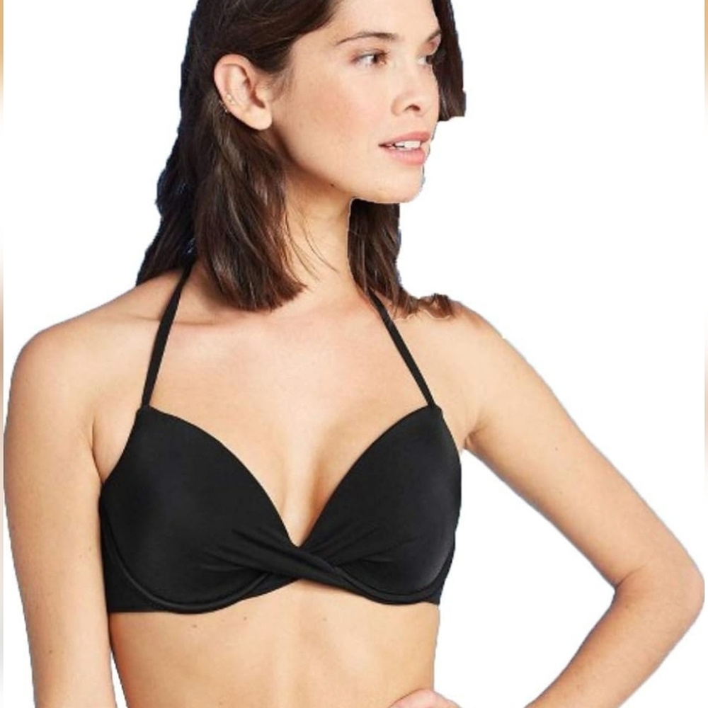 Shade & Shore Women's Lightly Lined Twist-Front Bikini Top Sz 38 DD Black